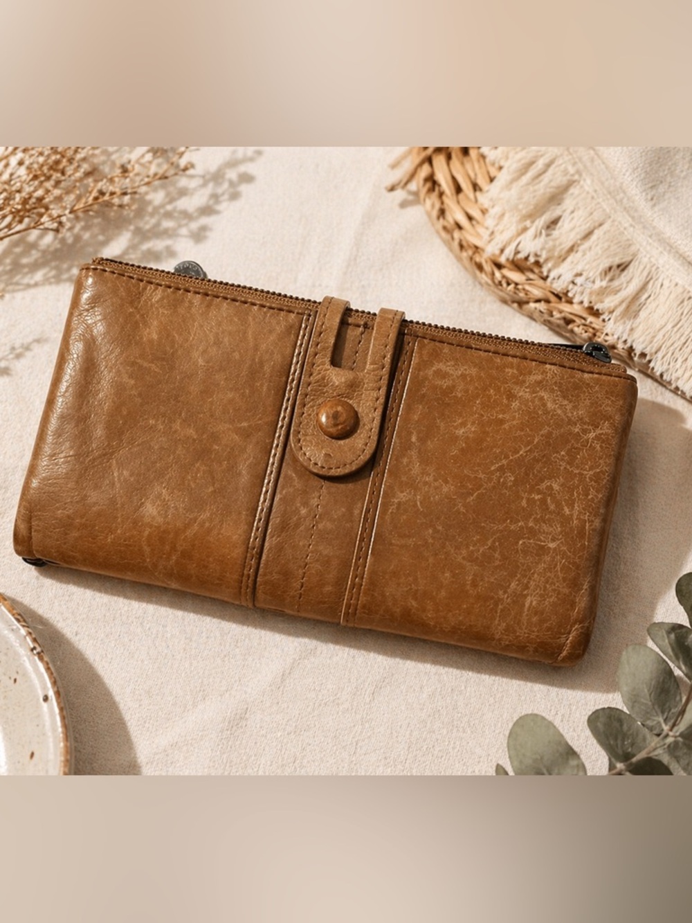 Roulens Genuine Leather Wallet Wristlet Tan Bifold RFID Clutch